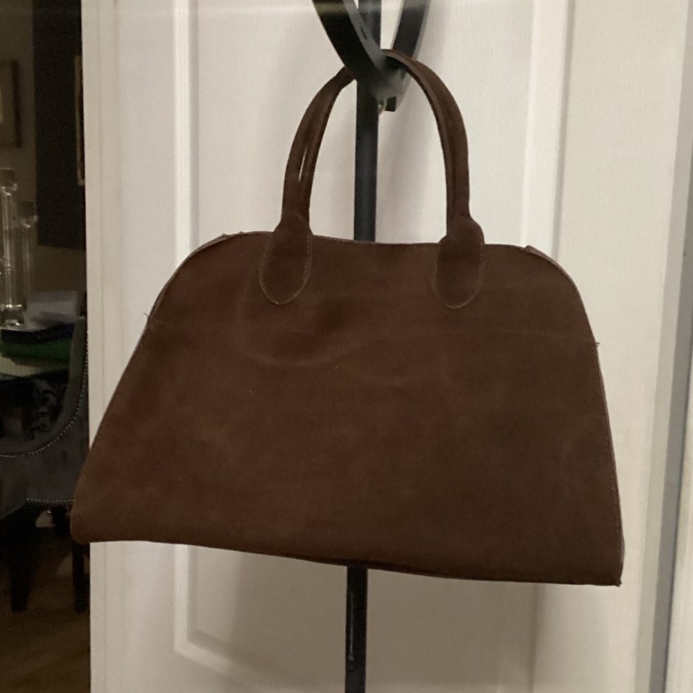 New - Elegant Brown 2 Handle faux Suede Handbag